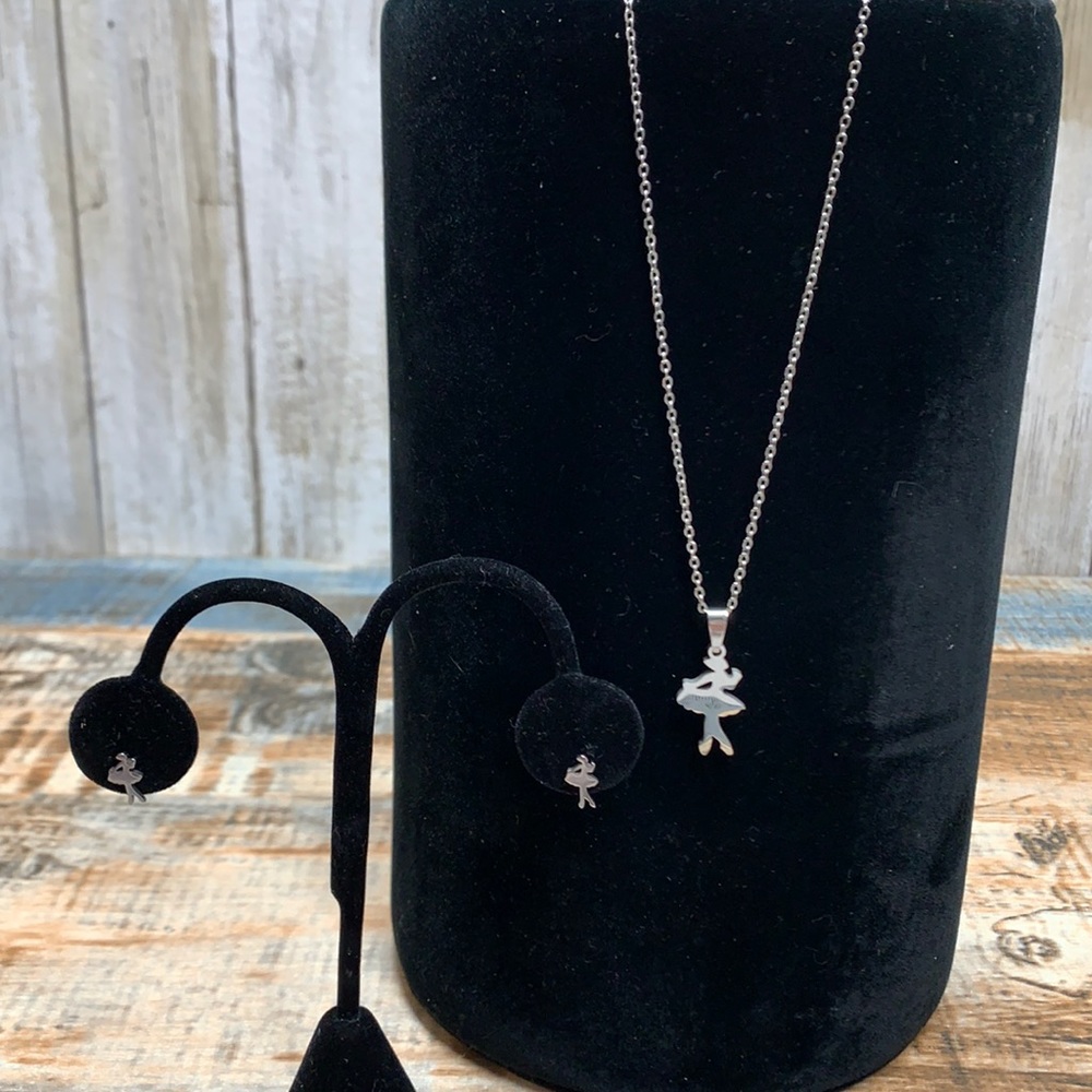 Ballerina Silvertone Pendant,Chain, Post Earrings